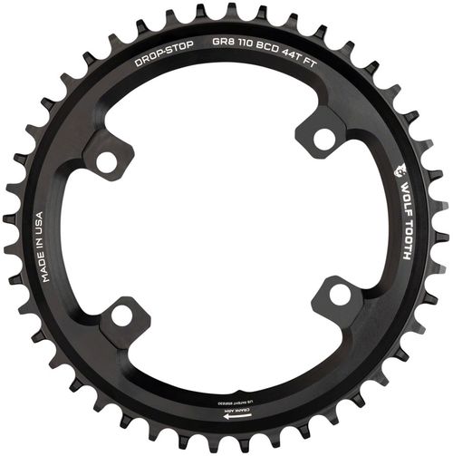 Wolf Tooth Shimano 110 Asymmetric BCD Chainring - 46t, 110 Asymmetric BCD, 4-Bolt, Drop-Stop Flattop, For Shimano GRX Cranks, Black