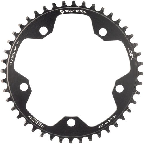 Wolf Tooth 130 BCD Road and Cyclocross Chainring - 44t, 130 BCD, 5-Bolt, Drop-Stop, 10/11/12-Speed Eagle and Flattop Compatible, Black