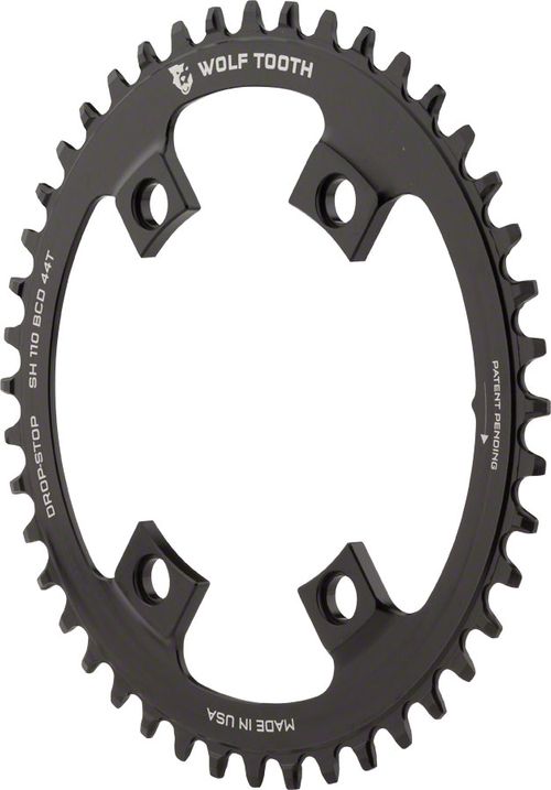 Wolf Tooth Shimano 110 Asymmetric BCD Chainring - 44t, 110 Asymmetric BCD, 4-Bolt, Drop-Stop A, For Shimano Cranks, Black