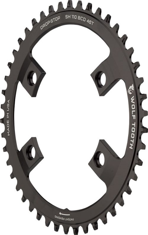 Wolf Tooth Shimano 110 Asymmetric BCD Chainring - 46t, 110 Asymmetric BCD, 4-Bolt, Drop-Stop A, For Shimano Cranks, Black