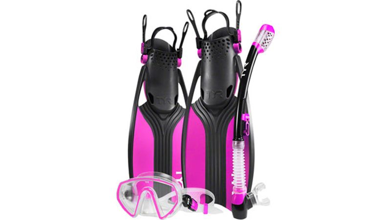 TYR Voyager Women's Mask and Snorkel Fin Set Pink/black SM Shoe Size 5-8.5 for sale online 