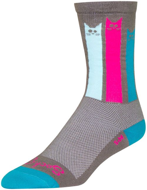 SockGuy Crew Felines Socks - 6", Gray/Pink/Teal, Large/X-Large
